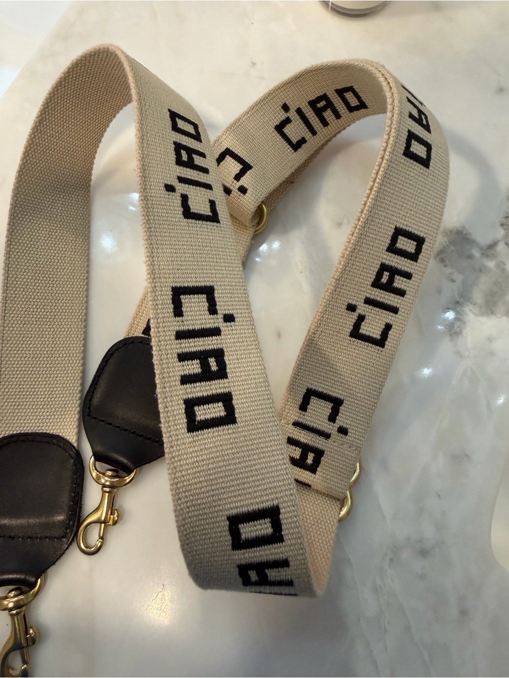 Clare V Beige Canvas Strap with Black 'CIAO' Graphic adjustable crossbody strap